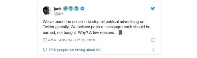 Jack Dorsey's announcement of Twitter's ban on political ads